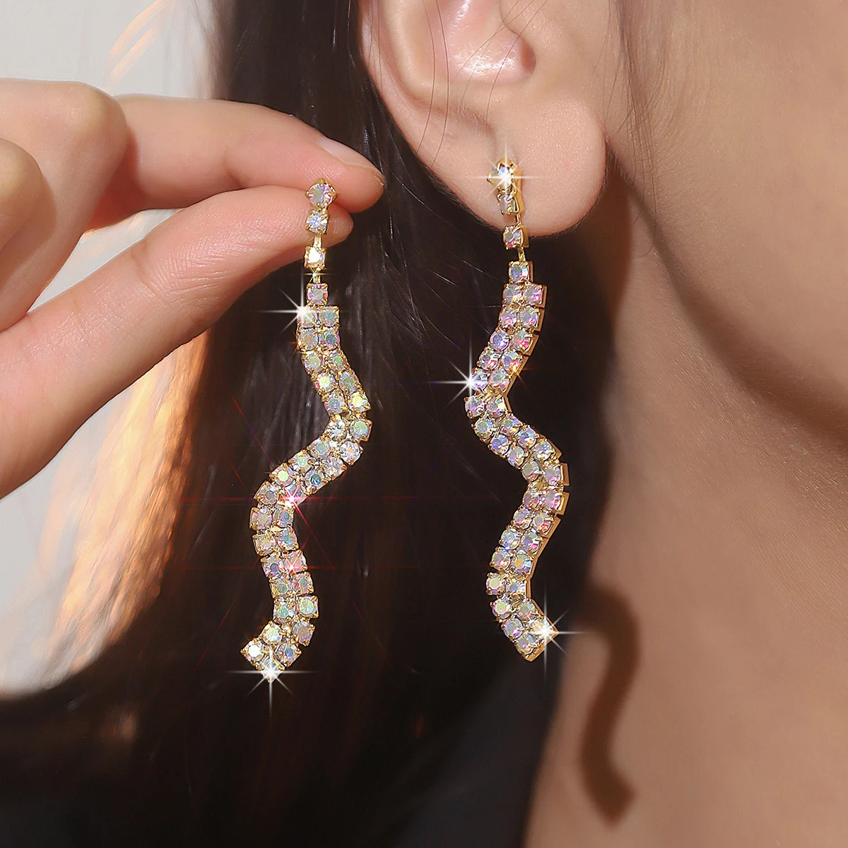 New Luxury Blue Colorful Long Tassel Earrings for Women Bridal Dangle Earrings Full Rhinestone Party Earring Wedding