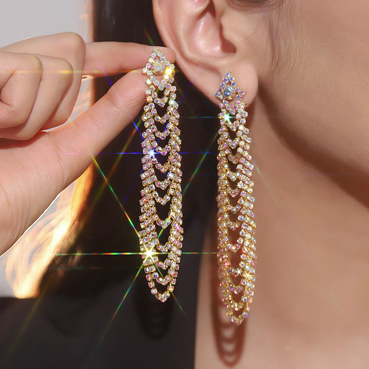 New Luxury Blue Colorful Long Tassel Earrings for Women Bridal Dangle Earrings Full Rhinestone Party Earring Wedding