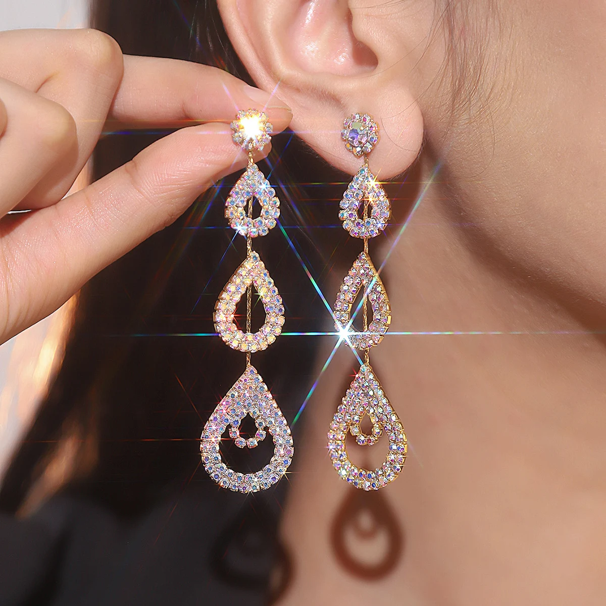 New Luxury Blue Colorful Long Tassel Earrings for Women Bridal Dangle Earrings Full Rhinestone Party Earring Wedding