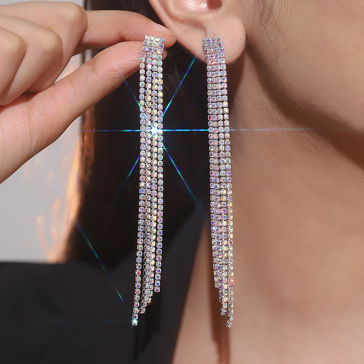 New Luxury Blue Colorful Long Tassel Earrings for Women Bridal Dangle Earrings Full Rhinestone Party Earring Wedding