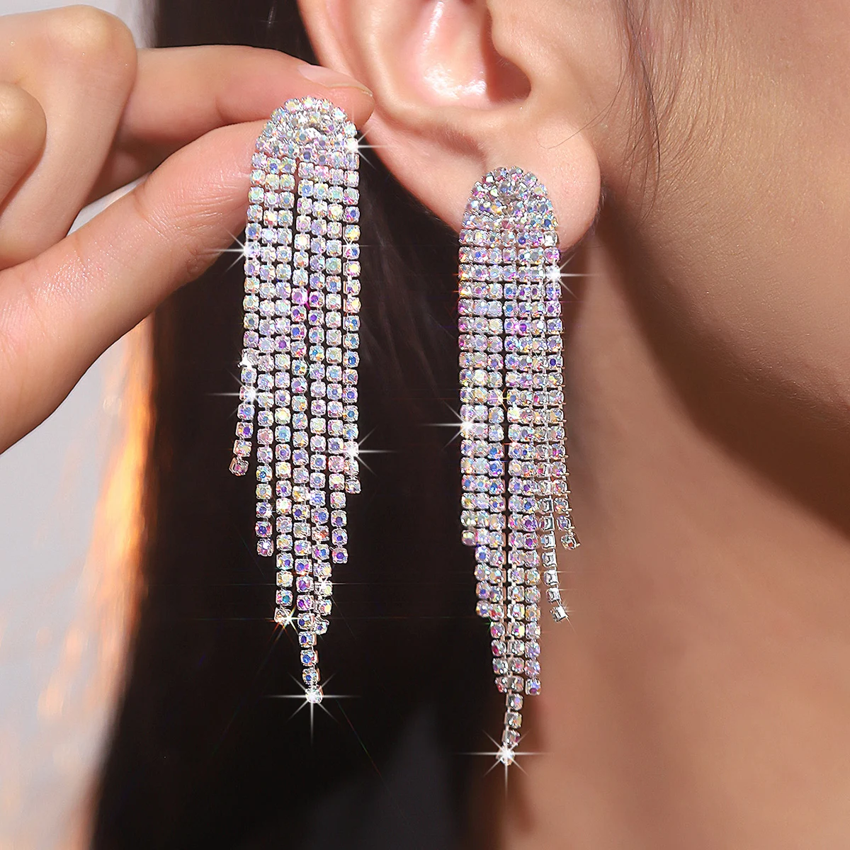 New Luxury Blue Colorful Long Tassel Earrings for Women Bridal Dangle Earrings Full Rhinestone Party Earring Wedding