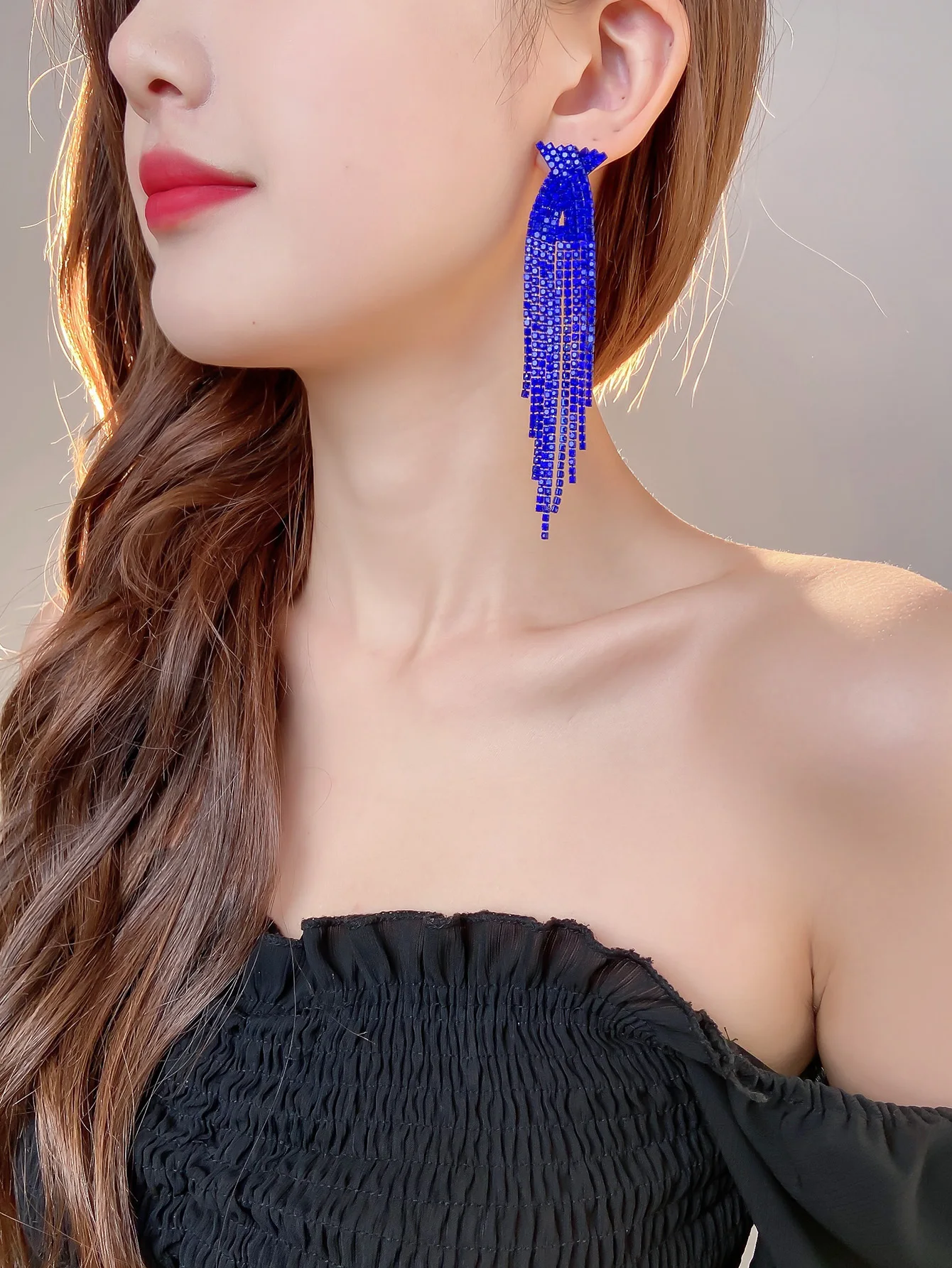 New Luxury Blue Colorful Long Tassel Earrings for Women Bridal Dangle Earrings Full Rhinestone Party Earring Wedding