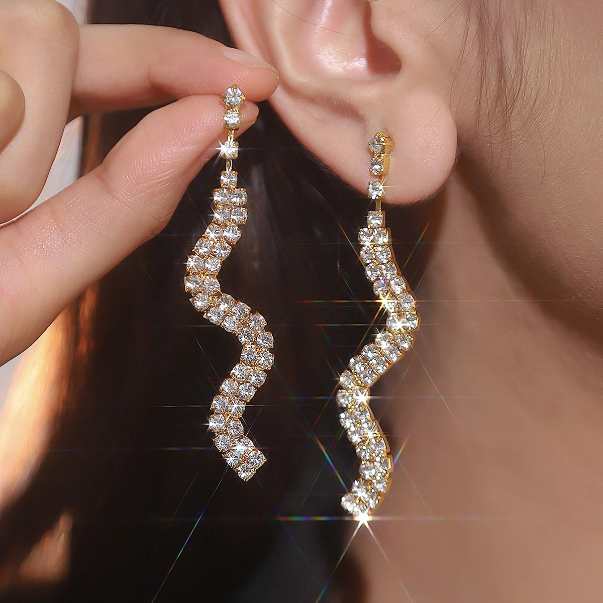 New Luxury Blue Colorful Long Tassel Earrings for Women Bridal Dangle Earrings Full Rhinestone Party Earring Wedding