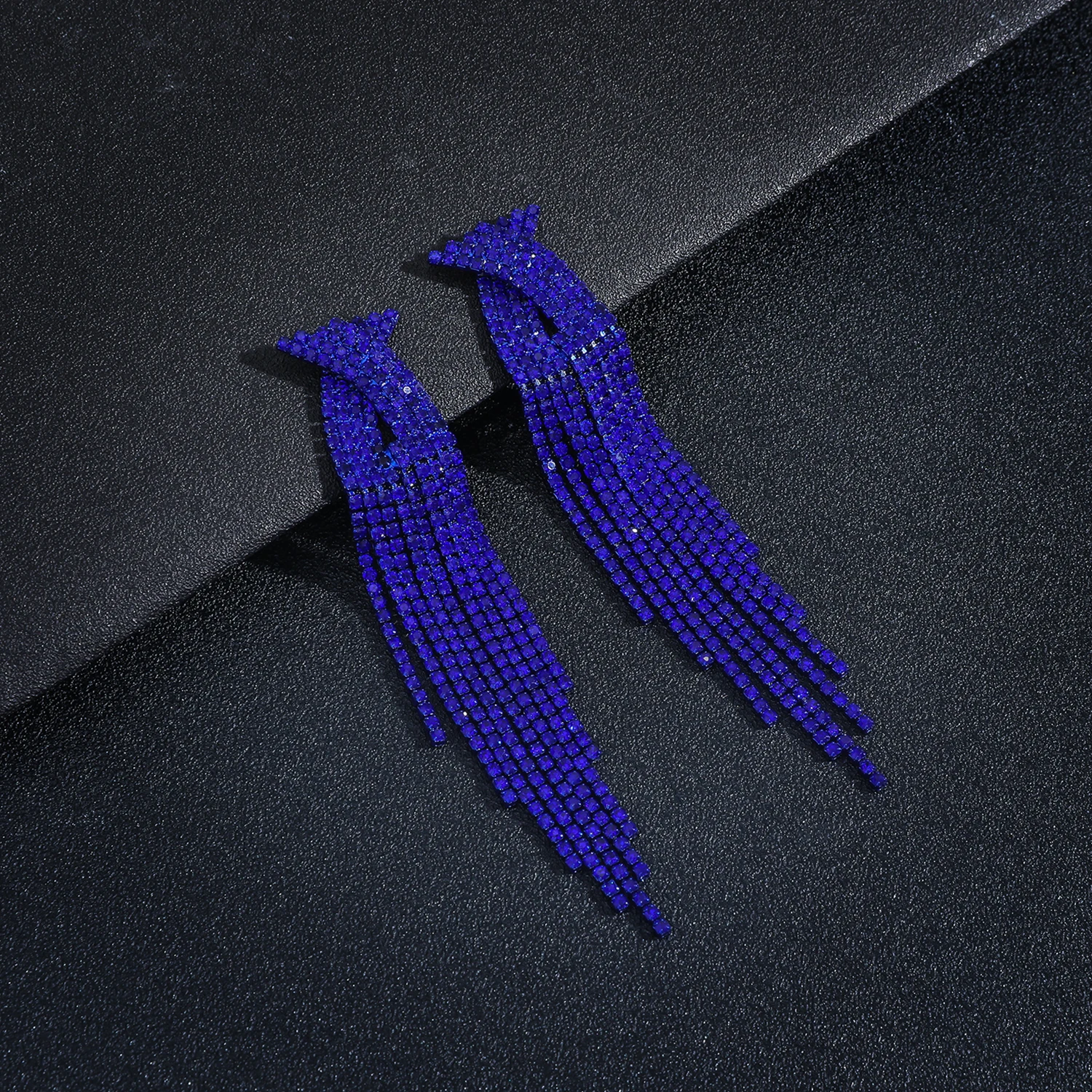 New Luxury Blue Colorful Long Tassel Earrings for Women Bridal Dangle Earrings Full Rhinestone Party Earring Wedding