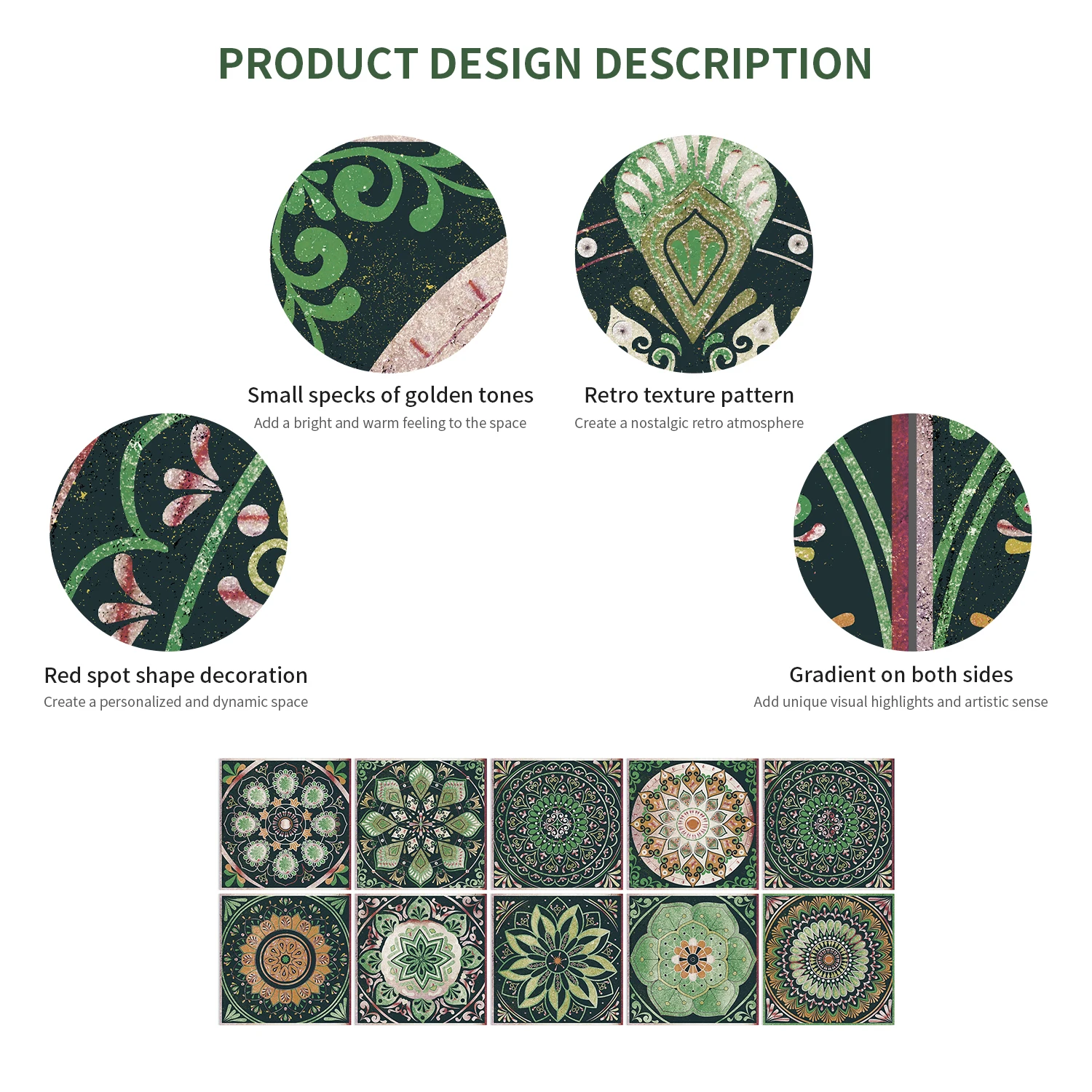 24 Pieces of Mandala Retro Pattern Glossy Self-adhesive Tile Stickers for Kitchen and Bathroom Removable Waterproof Wall Sticker