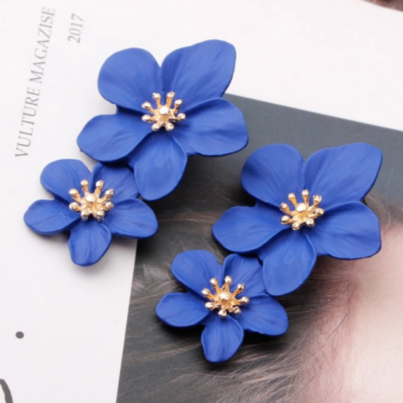 New Blue Color Dangle Earring for Women Round Metal Flower Leaf Crystal Gem Star Brincos Sweet Wedding Party Jewelry Xmas Gift