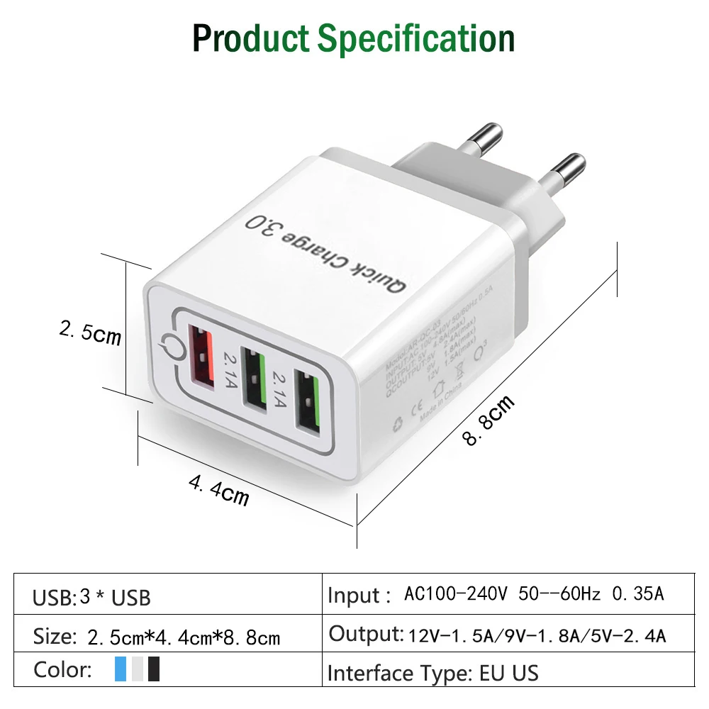 Fast 3 USB Charger Quick Charge 3.0 Fast USB Wall Charger Portable Mobile Charger QC 3.0 Adapter for Xiaomi iPhone X EU US Plug