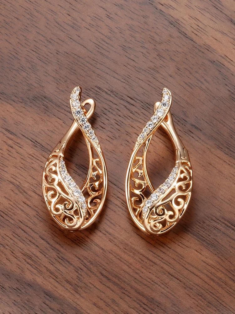 Kinel New Fashion Natural Zircon Hoop Earrings Women 585 Rose Gold Hollow Flower Drop Earrings Fine Wedding Party Jewelry