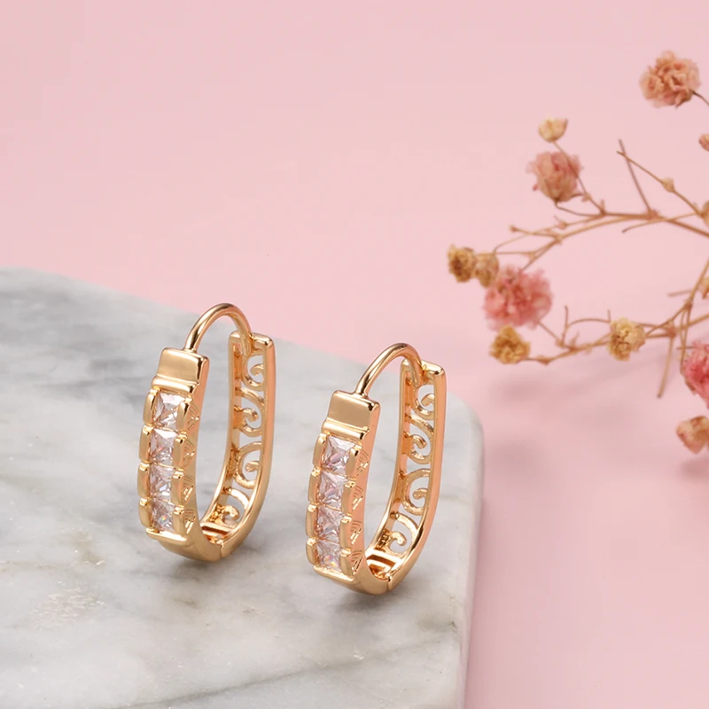 Kinel New Fashion Natural Zircon Hoop Earrings Women 585 Rose Gold Hollow Flower Drop Earrings Fine Wedding Party Jewelry