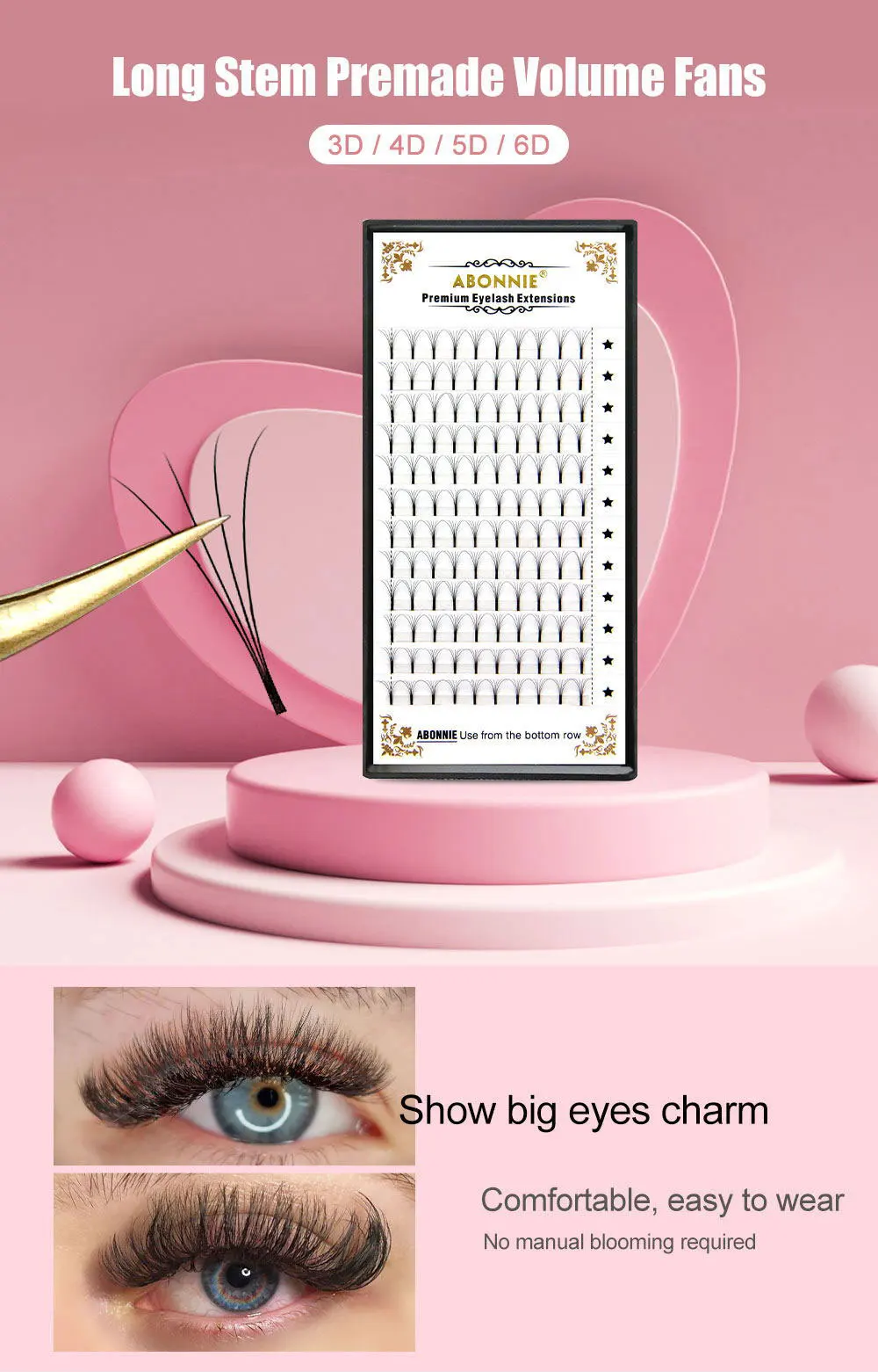 Abonnie Wide Premade Fan Lash Extensions Volume Fans Lashes 3d/4d/5d/6d Long Stem Volume Fan Professional Eyelashes Extensions