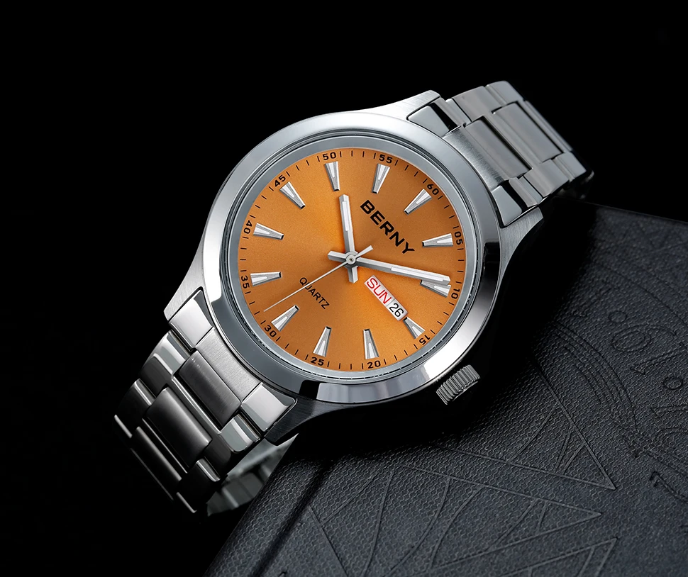 BERNY Men Quartz Watch  Fashion Texture Wristwatch for Men Ultra Thin Men Watch Calendar Luminous Stainless Steel Dress Watches