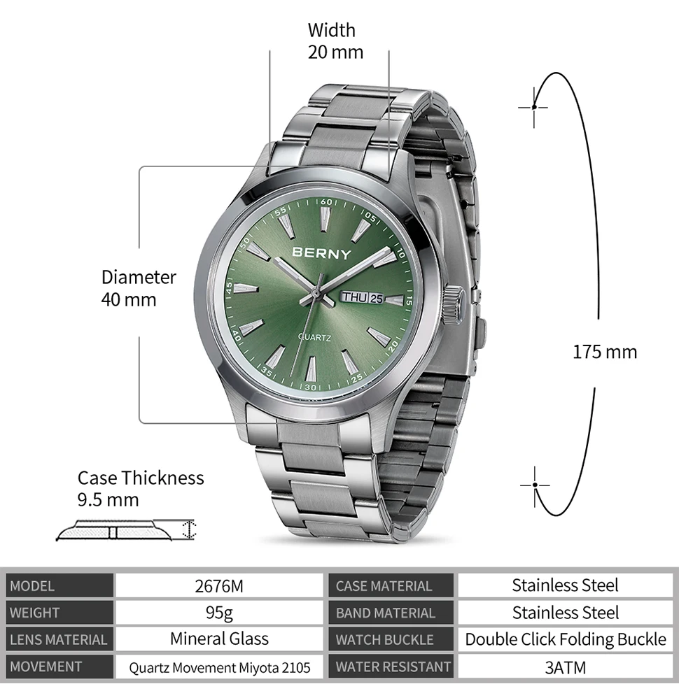 BERNY Men Quartz Watch  Fashion Texture Wristwatch for Men Ultra Thin Men Watch Calendar Luminous Stainless Steel Dress Watches