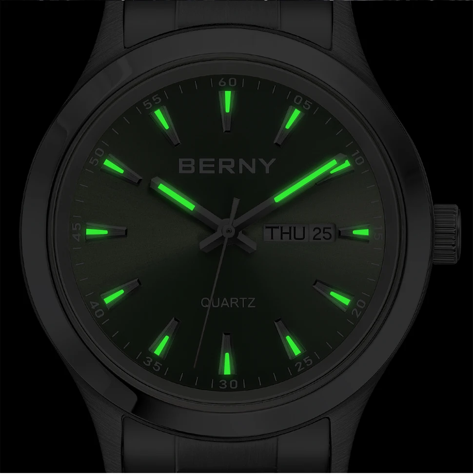 BERNY Men Quartz Watch  Fashion Texture Wristwatch for Men Ultra Thin Men Watch Calendar Luminous Stainless Steel Dress Watches
