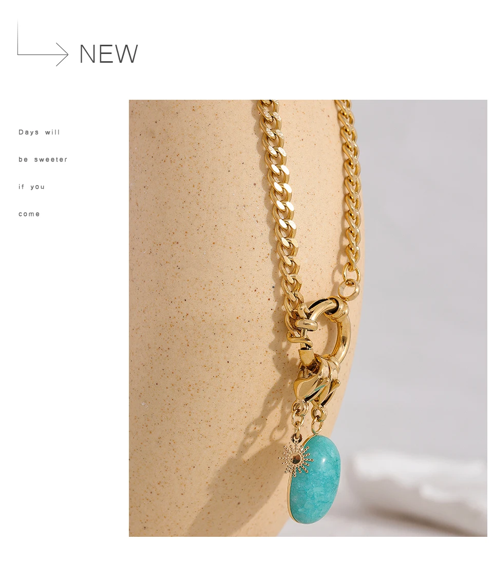 Yhpup Stainless Steel Blue Natural Stone Star Chain Collar Necklace Waterproof Jewelry Delicate Charm Collier for Women