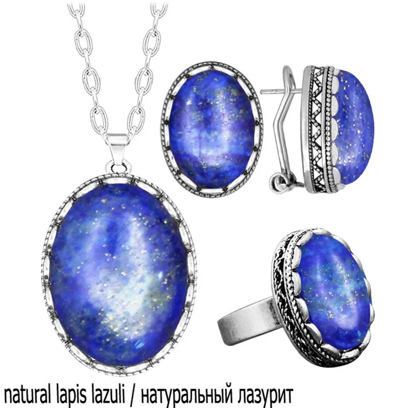 Vintage Oval Lapis Lazuli Jewelry Sets Natural Stone Tiger Eye Quartz Necklace Earrings Ring Fashion Set