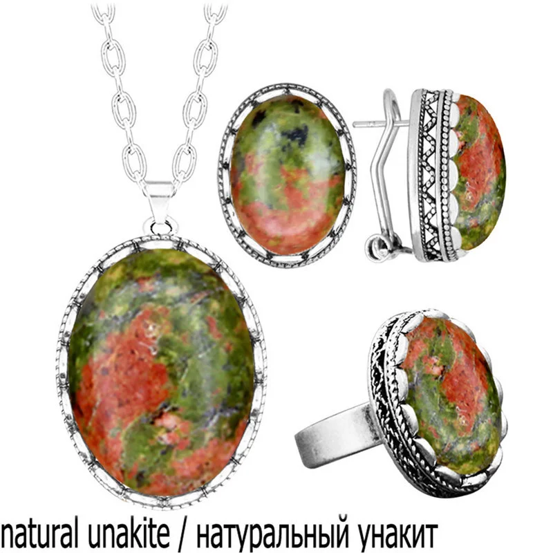 Vintage Oval Lapis Lazuli Jewelry Sets Natural Stone Tiger Eye Quartz Necklace Earrings Ring Fashion Set