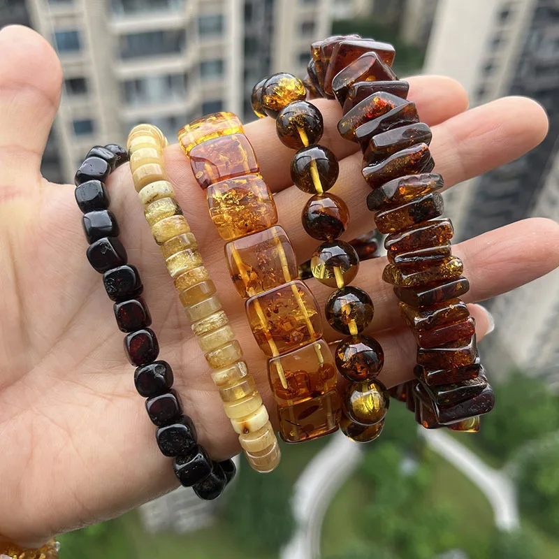 Yoowei 100% Real Amber Bracelet for Unisex Genuine Black Bead Irregular Natural Plant Medical Healing Jewelry Gift Wholesale
