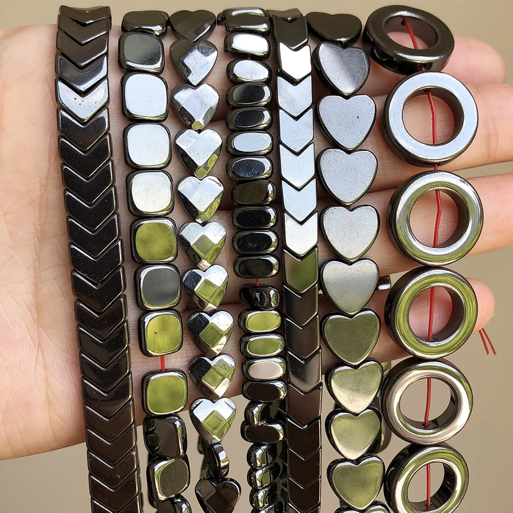 Natural Stone Hematite Beads Flat Round Disc Oval Heart Square Circle Loose Spacer Beads For Necklace Bracelet Making