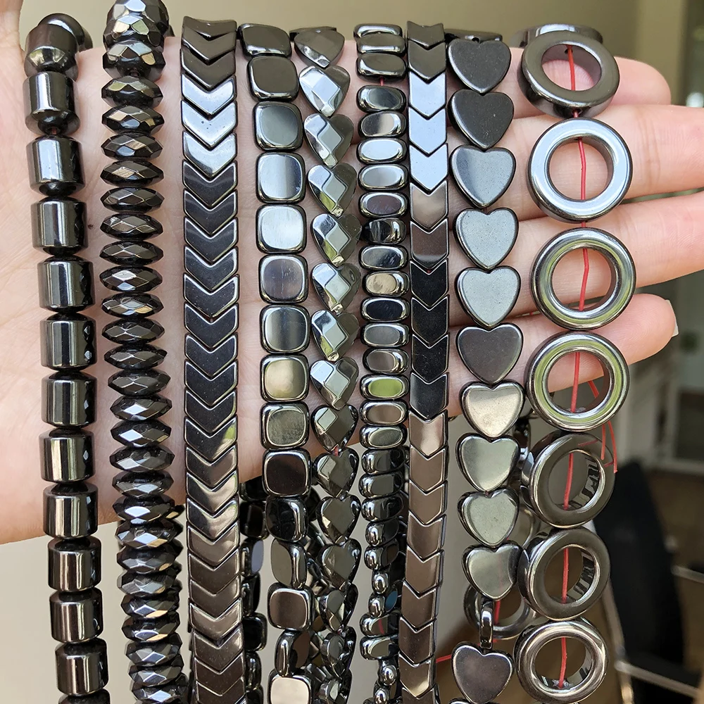 Natural Stone Hematite Beads Flat Round Disc Oval Heart Square Circle Loose Spacer Beads For Necklace Bracelet Making