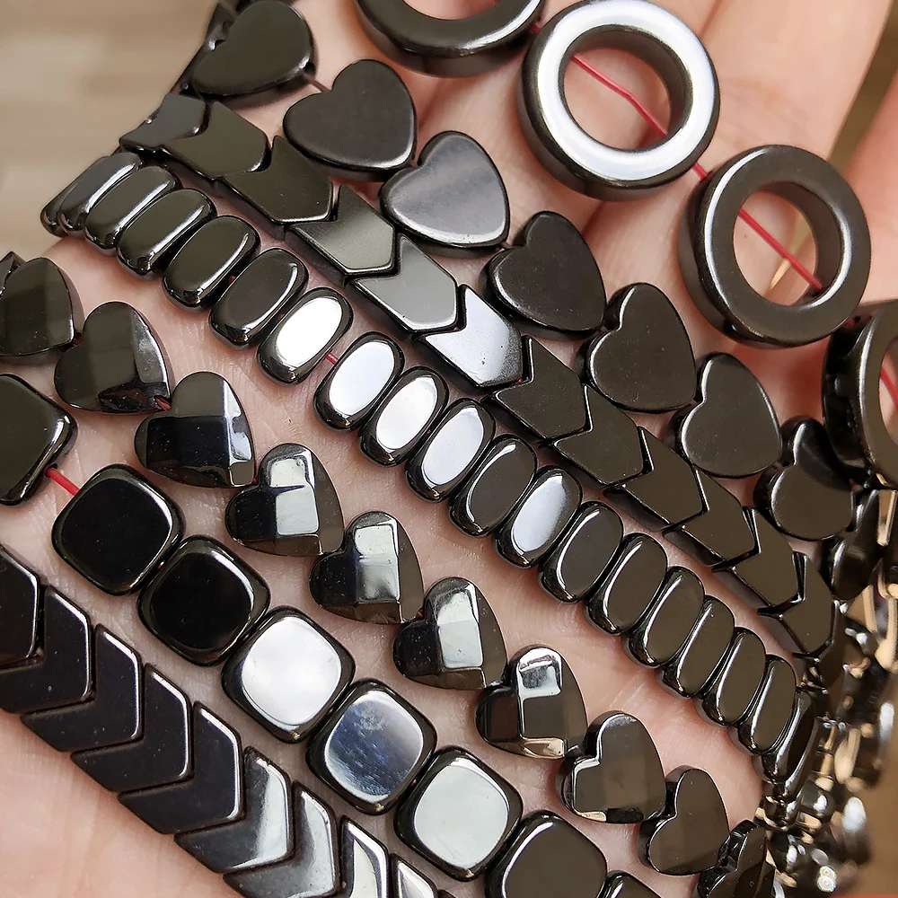 Natural Stone Hematite Beads Flat Round Disc Oval Heart Square Circle Loose Spacer Beads For Necklace Bracelet Making