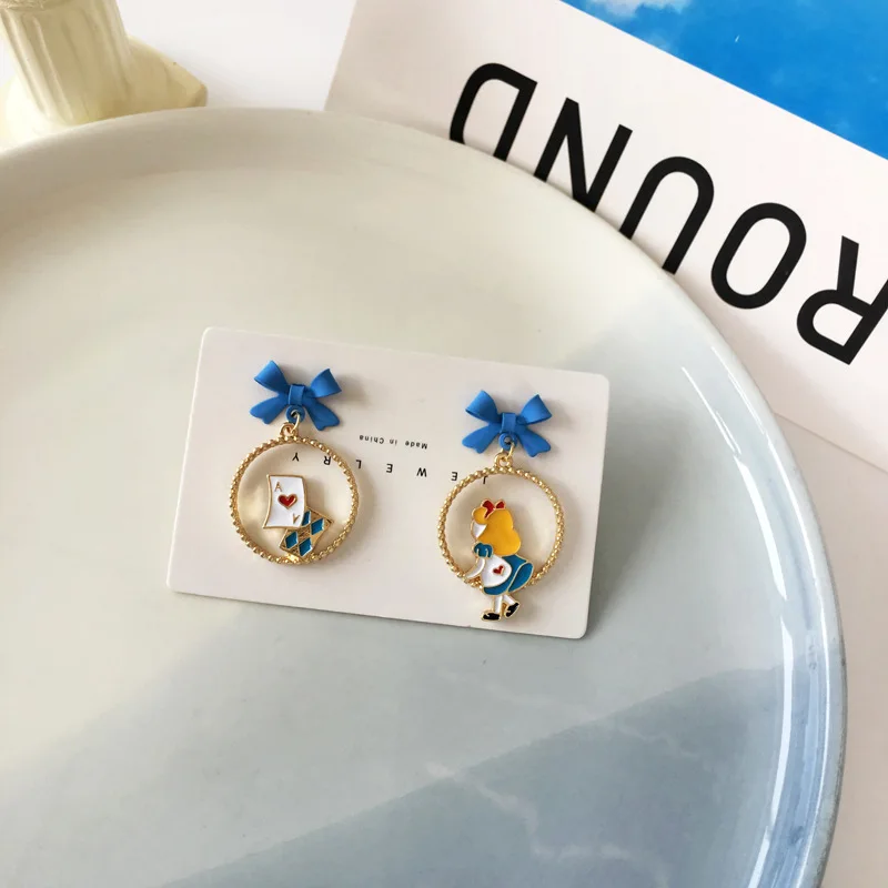 Cute Alice In Wonderland Drop Earrings Fairy Tale Asymmetric Enamel Bow Round Princess Mermaid Earrings for Women