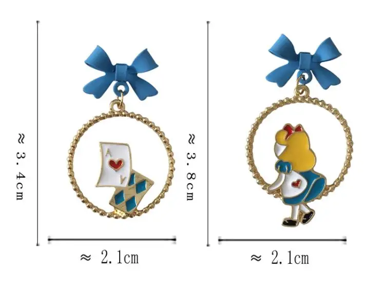 Cute Alice In Wonderland Drop Earrings Fairy Tale Asymmetric Enamel Bow Round Princess Mermaid Earrings for Women