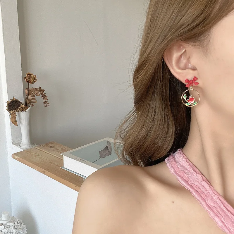 Cute Alice In Wonderland Drop Earrings Fairy Tale Asymmetric Enamel Bow Round Princess Mermaid Earrings for Women