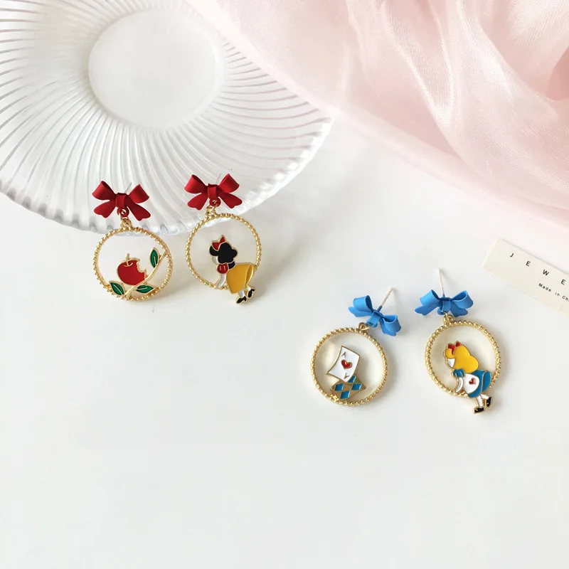 Cute Alice In Wonderland Drop Earrings Fairy Tale Asymmetric Enamel Bow Round Princess Mermaid Earrings for Women