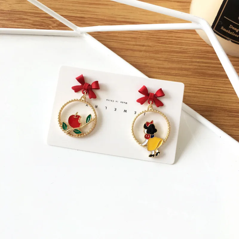 Cute Alice In Wonderland Drop Earrings Fairy Tale Asymmetric Enamel Bow Round Princess Mermaid Earrings for Women