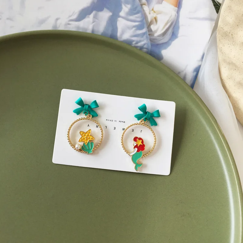 Cute Alice In Wonderland Drop Earrings Fairy Tale Asymmetric Enamel Bow Round Princess Mermaid Earrings for Women