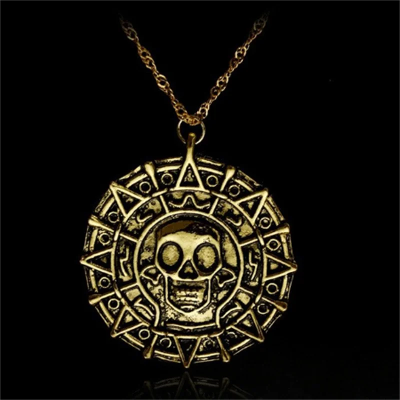 Pirates Of The Caribbean Necklace Jack Sparrow Aztec Skeleton Skull Heads Pendant Coin Medallion Vintage Jewelry wholesale
