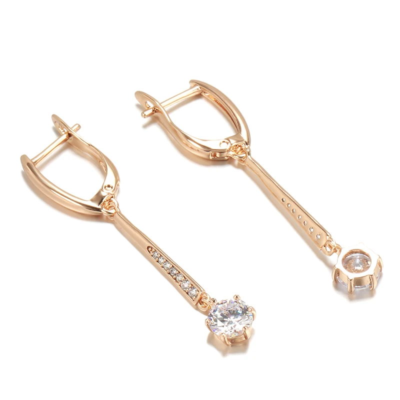 Kinel New 585 Rose Gold Women Long Earrings Round White Natural Zircon Dangle Earrings Luxury Fine Gift Casual Fashion Jewelry