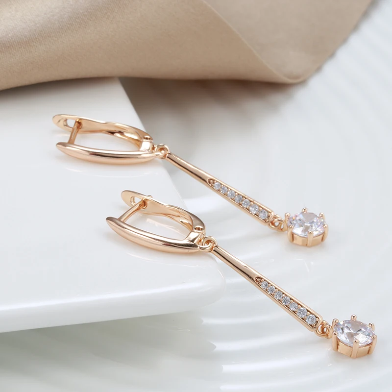 Kinel New 585 Rose Gold Women Long Earrings Round White Natural Zircon Dangle Earrings Luxury Fine Gift Casual Fashion Jewelry