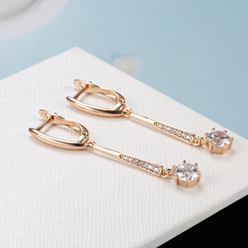 Kinel New 585 Rose Gold Women Long Earrings Round White Natural Zircon Dangle Earrings Luxury Fine Gift Casual Fashion Jewelry