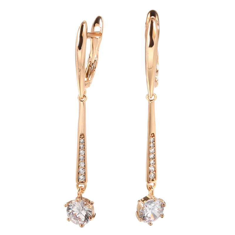 Kinel New 585 Rose Gold Women Long Earrings Round White Natural Zircon Dangle Earrings Luxury Fine Gift Casual Fashion Jewelry