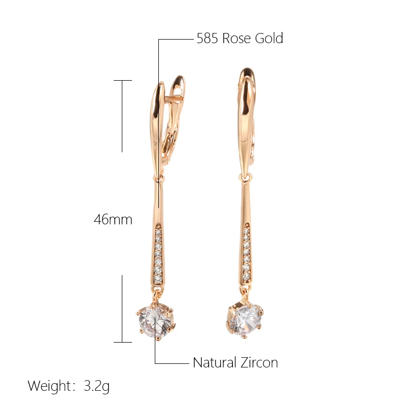 Kinel New 585 Rose Gold Women Long Earrings Round White Natural Zircon Dangle Earrings Luxury Fine Gift Casual Fashion Jewelry
