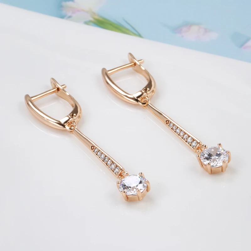 Kinel New 585 Rose Gold Women Long Earrings Round White Natural Zircon Dangle Earrings Luxury Fine Gift Casual Fashion Jewelry