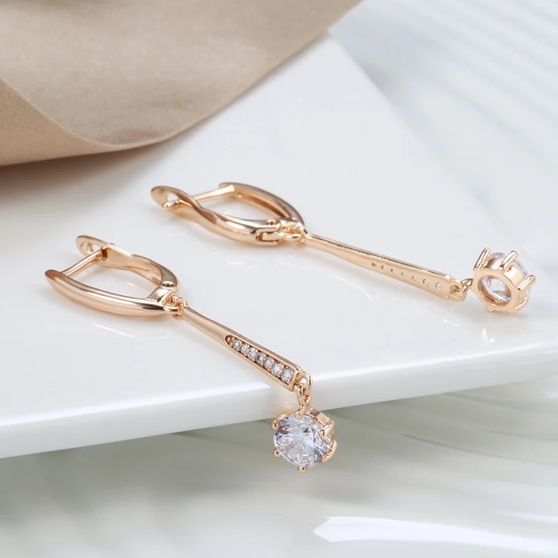 Kinel New 585 Rose Gold Women Long Earrings Round White Natural Zircon Dangle Earrings Luxury Fine Gift Casual Fashion Jewelry