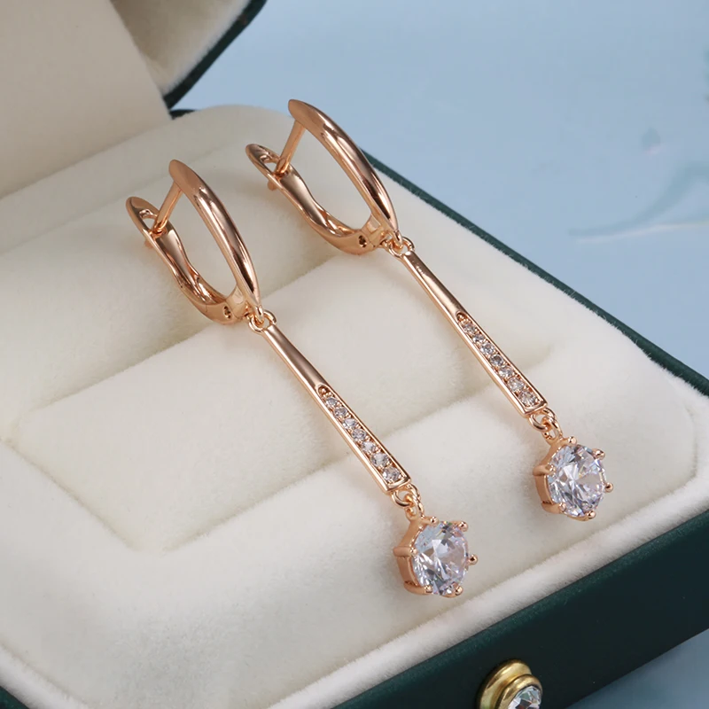 Kinel New 585 Rose Gold Women Long Earrings Round White Natural Zircon Dangle Earrings Luxury Fine Gift Casual Fashion Jewelry