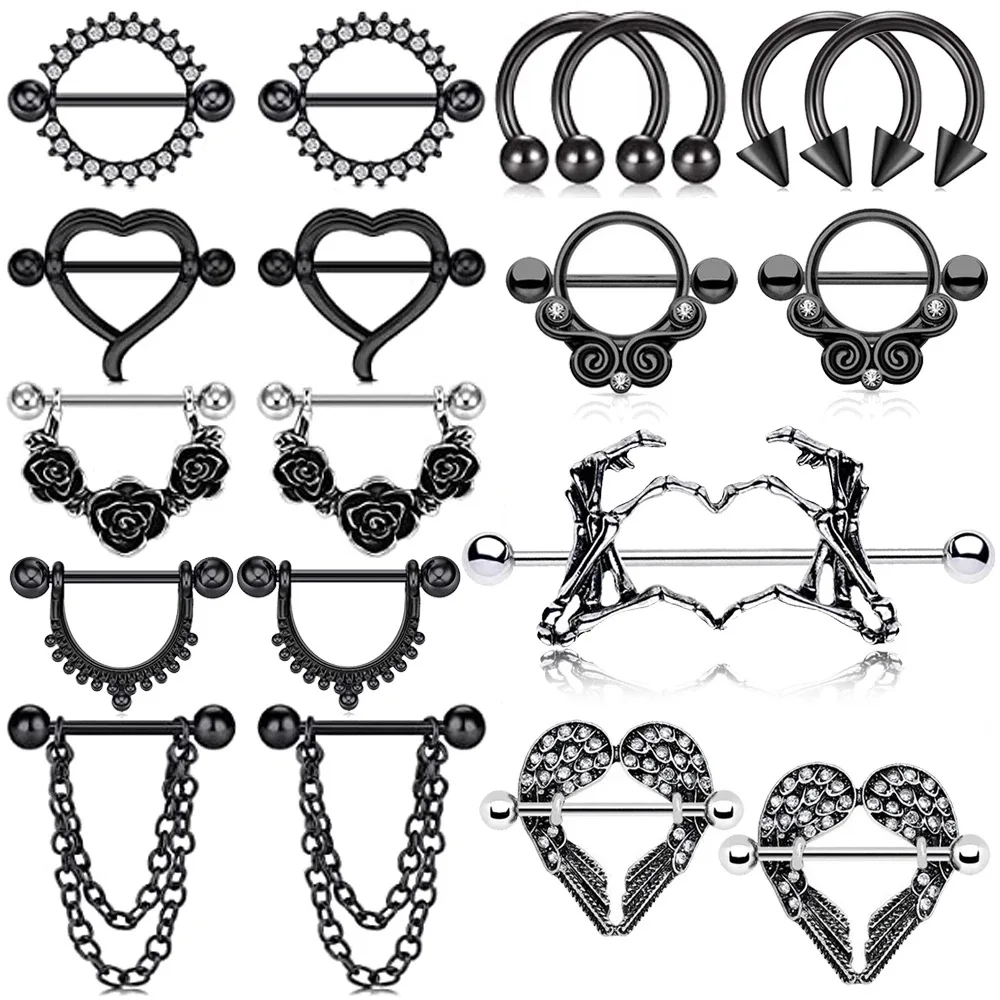 1 Pair Stainless Steel Punk Nipple Piercing for Women 14G Black Rose Flower Heart Nippie Ring Sexy Body Piercing Jewelry