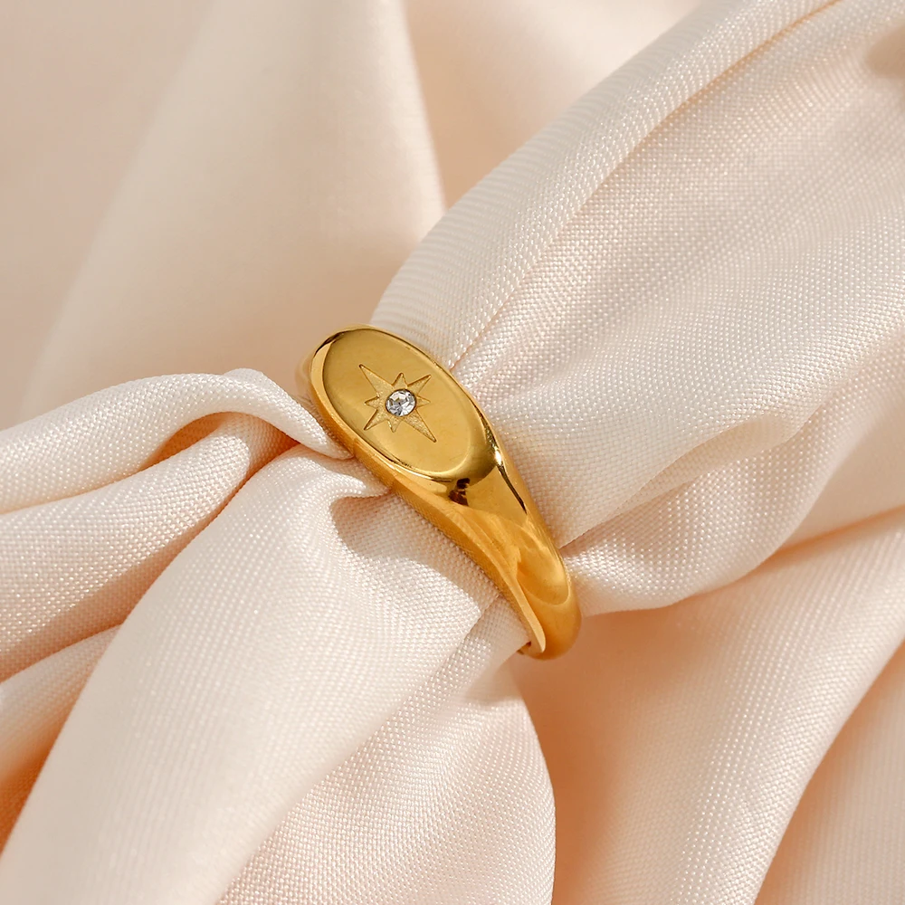 E.B.belle New Waterproof Stainless Steel Oval Face 3A Zircon Paved Star Ring Water Resistant 18K Gold Plated Rings For Lady