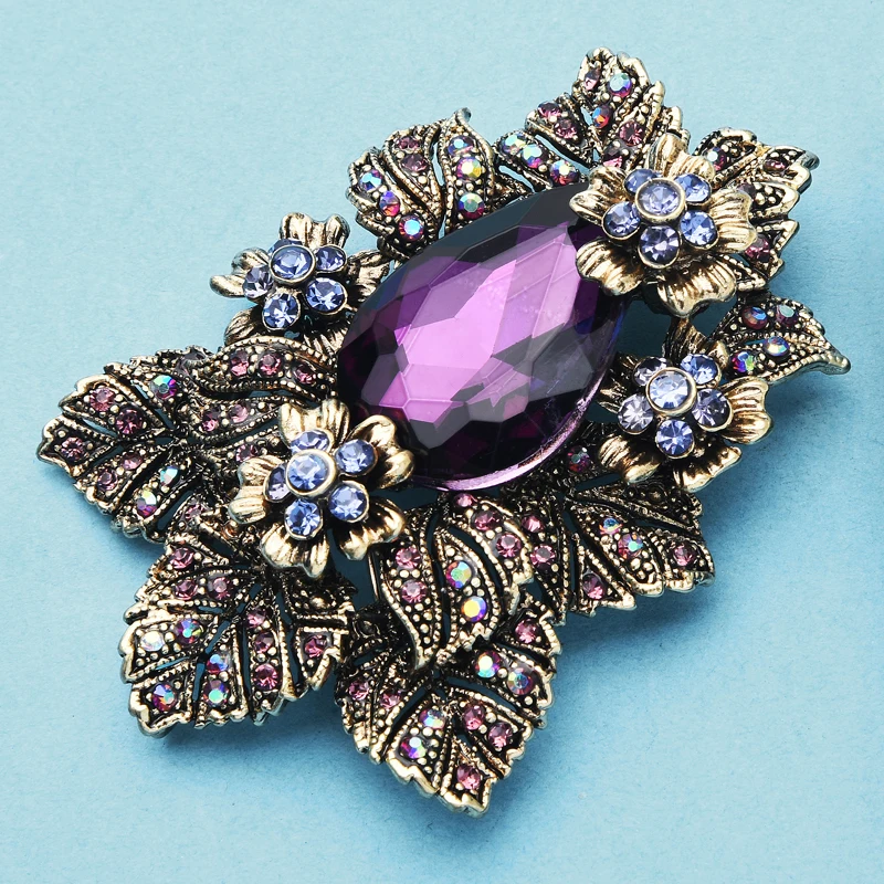 Wuli&baby Purple Crystal Palace Style Flower Brooches For Women Rhinestone Party Office Brooch Pins Gifts