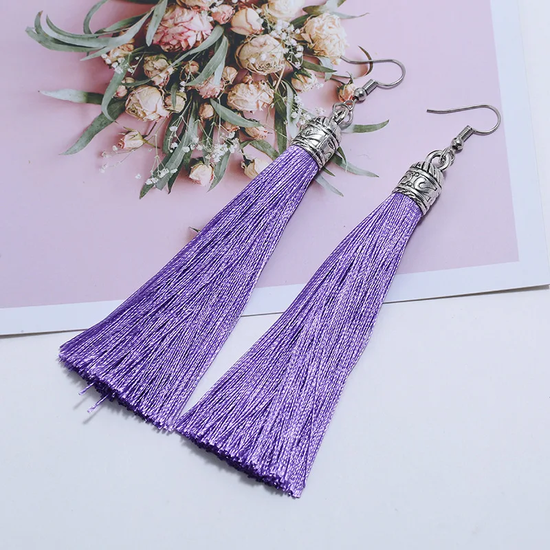Bohemian Long Tassel Drop Dangle Earrings For Women Girl Red Blue White Silk Fabric Ethnic Vintage Earrings Fashion Jewelry Gift