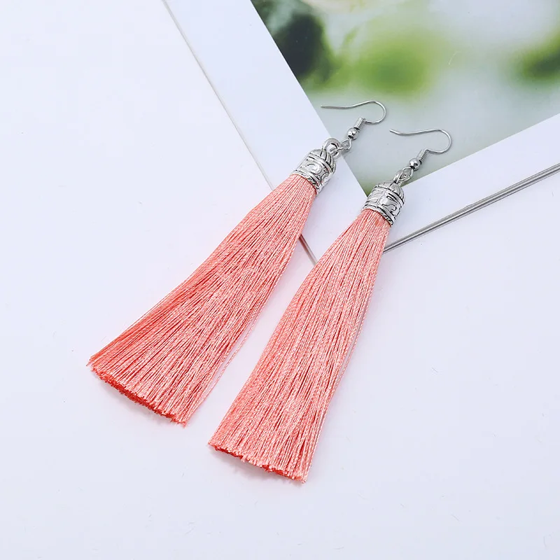 Bohemian Long Tassel Drop Dangle Earrings For Women Girl Red Blue White Silk Fabric Ethnic Vintage Earrings Fashion Jewelry Gift