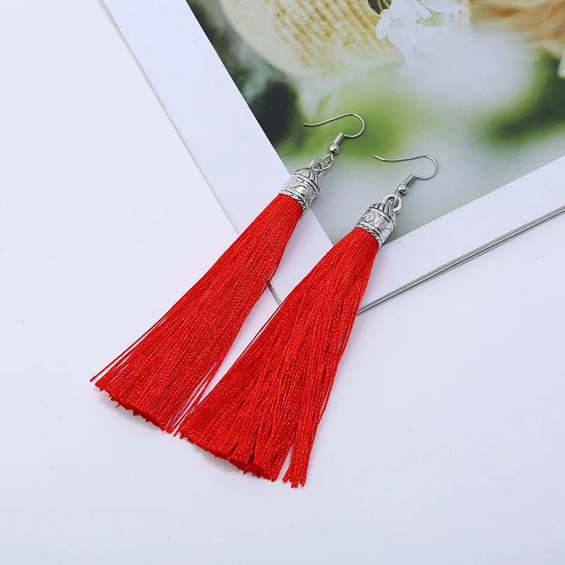Bohemian Long Tassel Drop Dangle Earrings For Women Girl Red Blue White Silk Fabric Ethnic Vintage Earrings Fashion Jewelry Gift