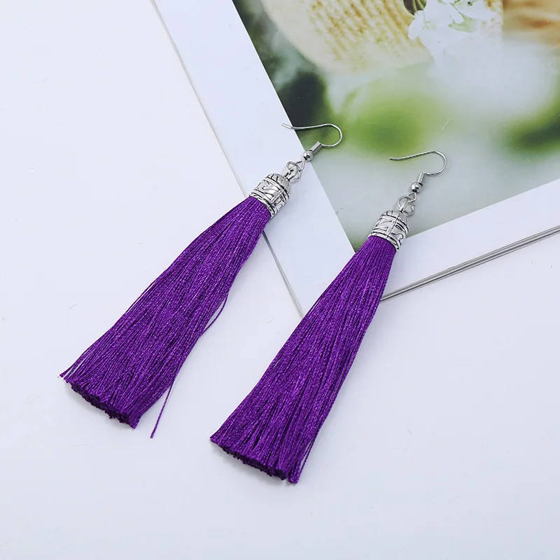 Bohemian Long Tassel Drop Dangle Earrings For Women Girl Red Blue White Silk Fabric Ethnic Vintage Earrings Fashion Jewelry Gift