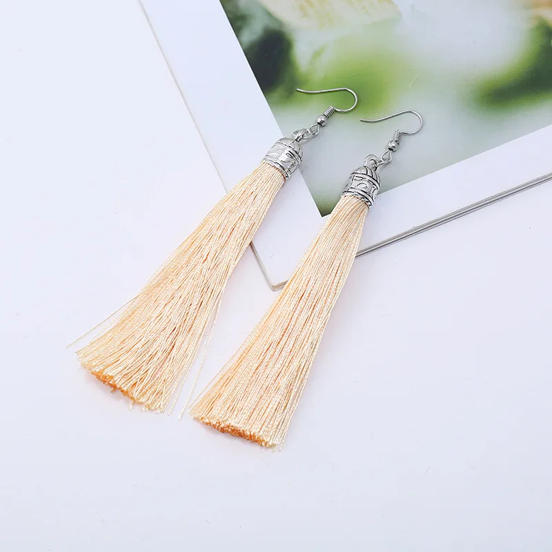 Bohemian Long Tassel Drop Dangle Earrings For Women Girl Red Blue White Silk Fabric Ethnic Vintage Earrings Fashion Jewelry Gift
