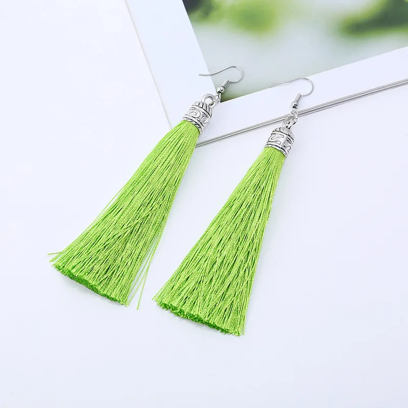 Bohemian Long Tassel Drop Dangle Earrings For Women Girl Red Blue White Silk Fabric Ethnic Vintage Earrings Fashion Jewelry Gift