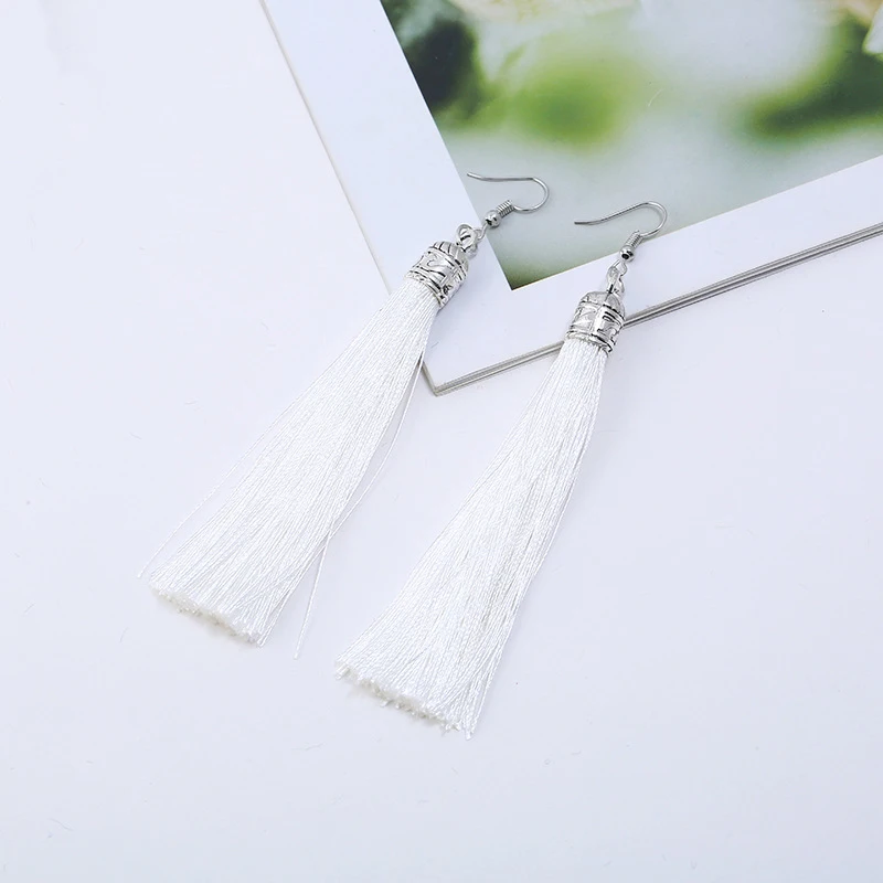 Bohemian Long Tassel Drop Dangle Earrings For Women Girl Red Blue White Silk Fabric Ethnic Vintage Earrings Fashion Jewelry Gift