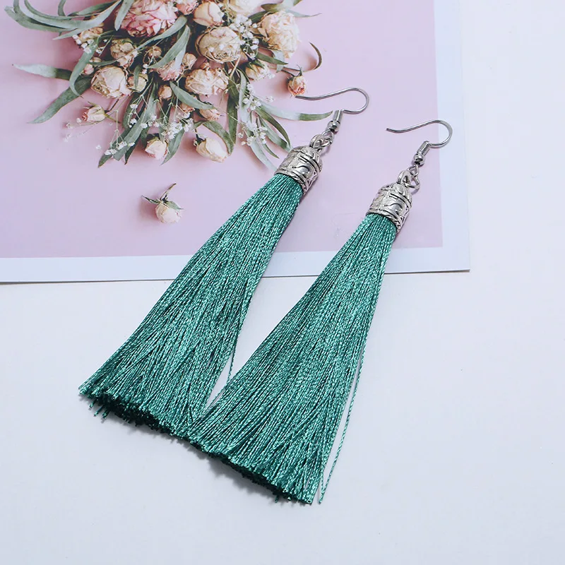 Bohemian Long Tassel Drop Dangle Earrings For Women Girl Red Blue White Silk Fabric Ethnic Vintage Earrings Fashion Jewelry Gift